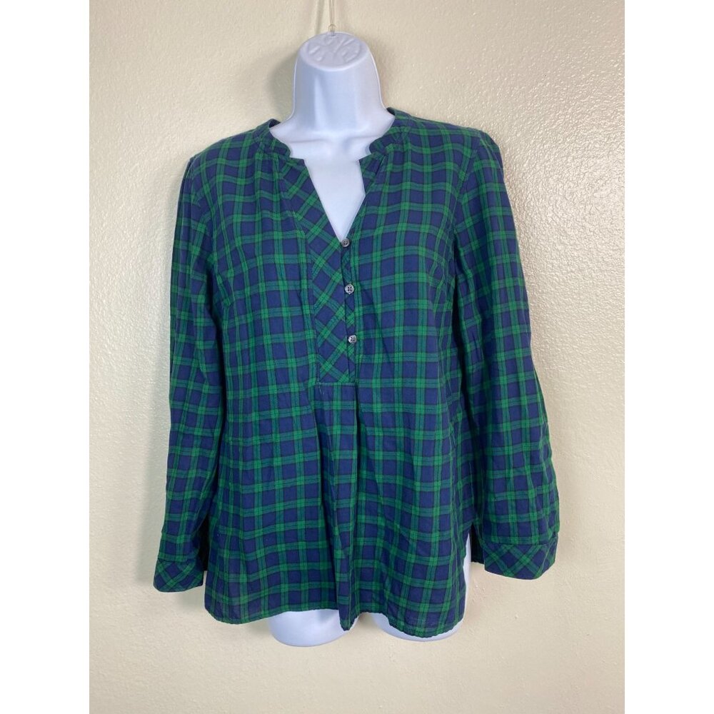 Talbots Blue Green Plaid Long Sleeve Boho Top size Medium Petite Peasant Cotton